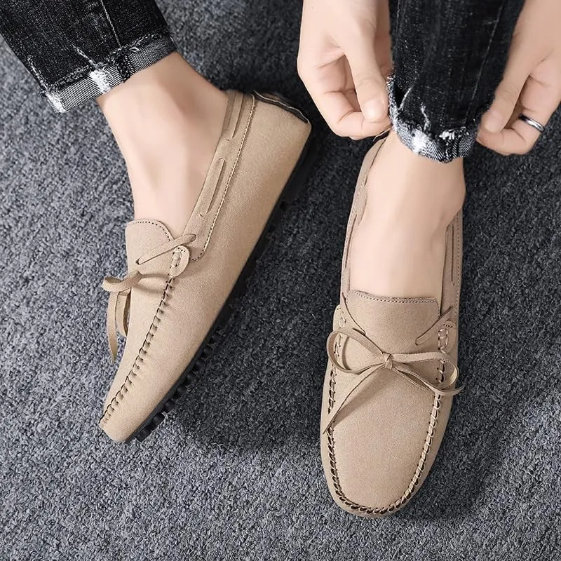 Mens Loafers Round Toe Suede Vamp Boat Shoes Driving Loafers Flat Heel Flexible Slip Resistant Fashion Slip-ons