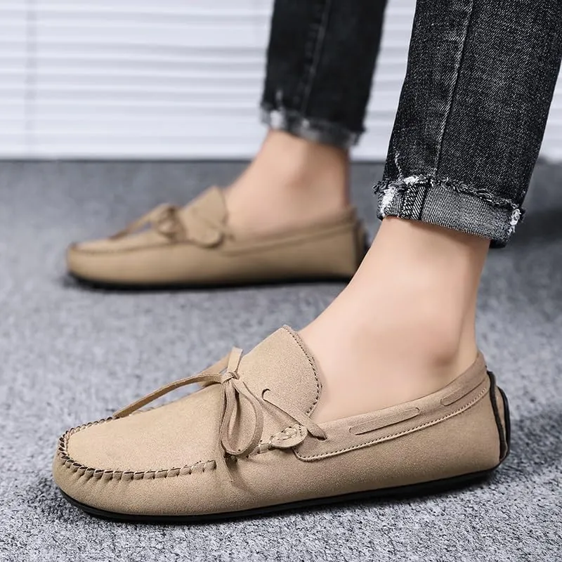 Mens Loafers Round Toe Suede Vamp Boat Shoes Driving Loafers Flat Heel Flexible Slip Resistant Fashion Slip-ons