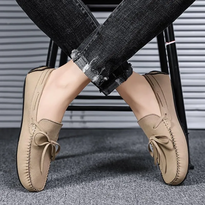 Mens Loafers Round Toe Suede Vamp Boat Shoes Driving Loafers Flat Heel Flexible Slip Resistant Fashion Slip-ons