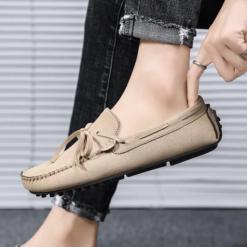 Mens Loafers Round Toe Suede Vamp Boat Shoes Driving Loafers Flat Heel Flexible Slip Resistant Fashion Slip-ons