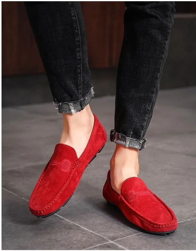 Men's Loafers Round Toe Suede Vamp Driving Loafers Flat Heel Lightweight Anti-Slip Party Slip-ons