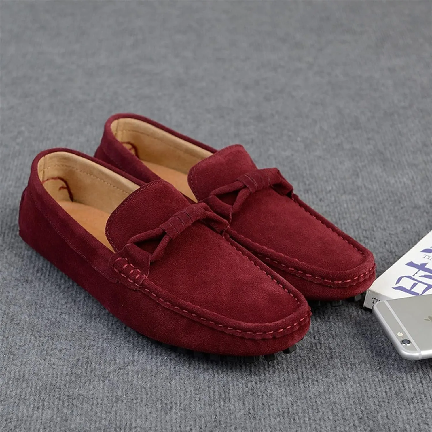 Mens Loafers Shoe Genuine Leather Suede Vamp Breathable Stitching Details Round Toe Slip Resistant Lightweight Flexible Anti-Slip Wedding Slip-ons (Color : Wine Red, Size : 7)