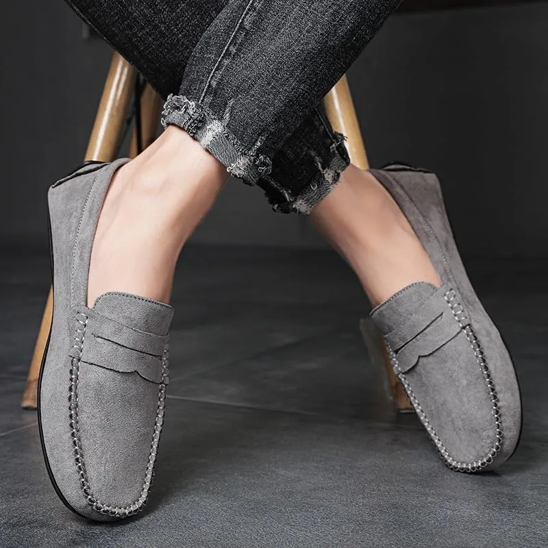 Mens Loafers Shoe Round Toe Suede Vamp Penny Driving Loafers Flat Heel Flexible Comfortable Walking Slip-ons