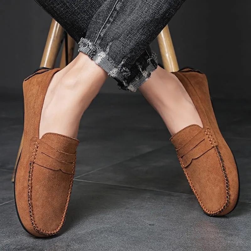Mens Loafers Shoe Round Toe Suede Vamp Penny Driving Loafers Flat Heel Flexible Comfortable Walking Slip-ons