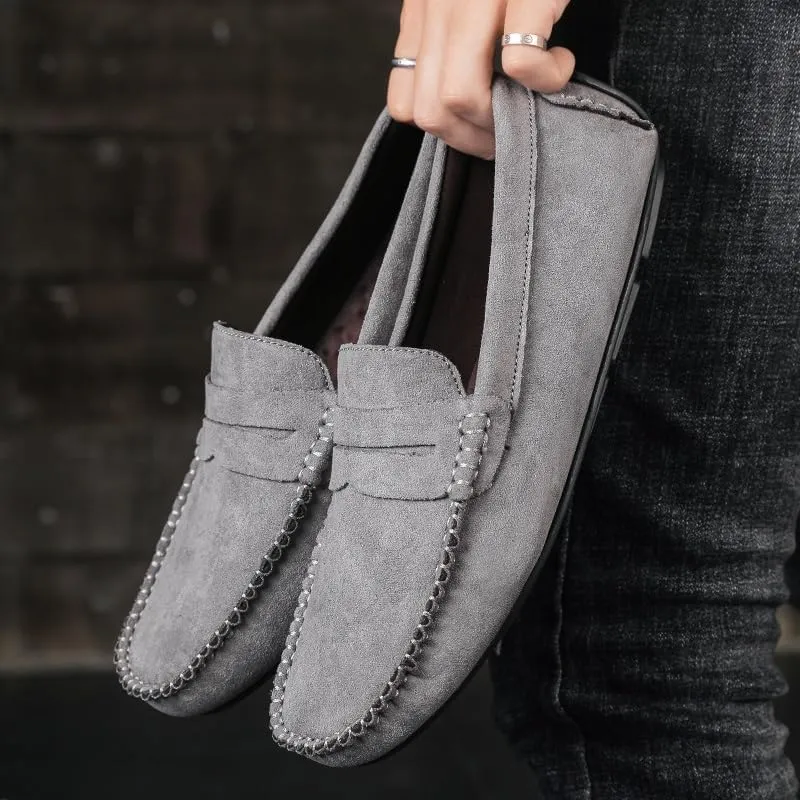 Mens Loafers Shoe Round Toe Suede Vamp Penny Driving Loafers Flat Heel Flexible Comfortable Walking Slip-ons