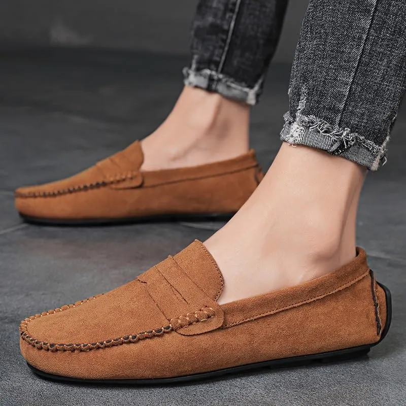 Mens Loafers Shoe Round Toe Suede Vamp Penny Driving Loafers Flat Heel Flexible Comfortable Walking Slip-ons
