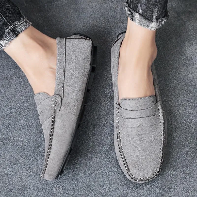Mens Loafers Shoe Round Toe Suede Vamp Penny Driving Loafers Flat Heel Flexible Comfortable Walking Slip-ons