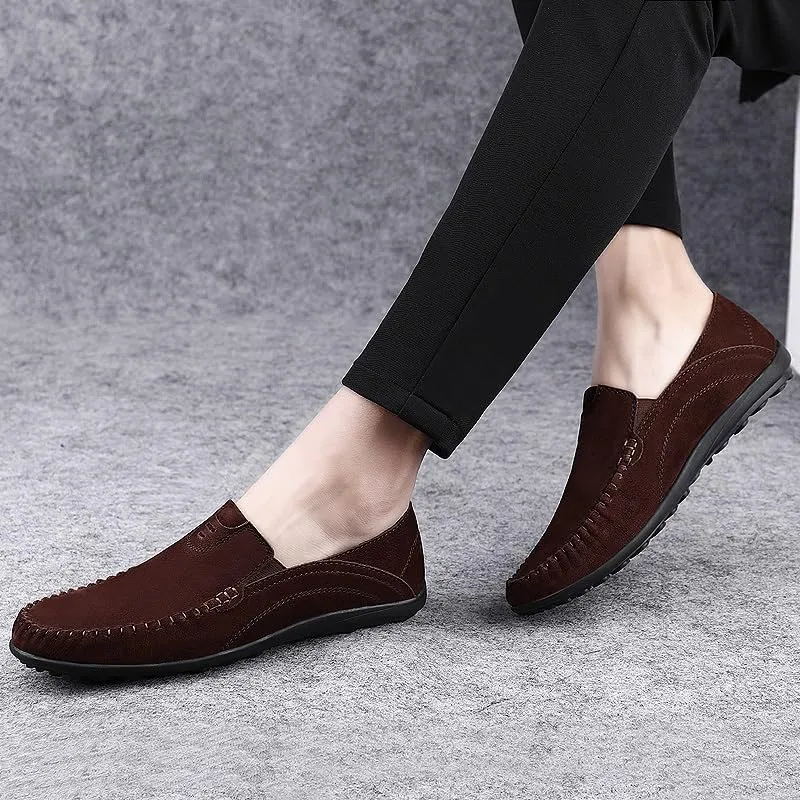 Men's Loafers Shoes Round Toe Suede Vamp Loafer Shoes Flat Heel Flexible Slip Resistant Wedding Slip-ons