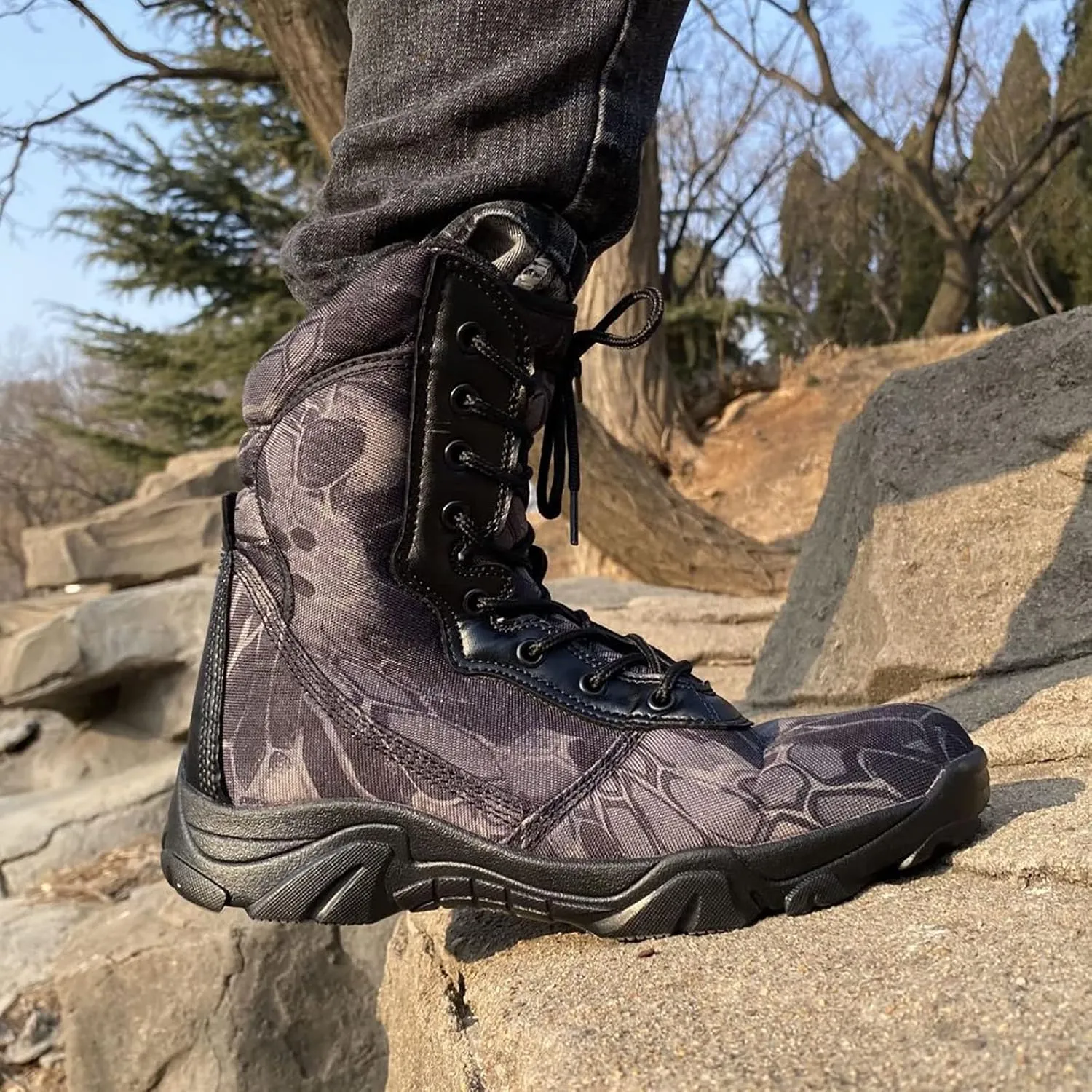 Men's Outdoor High-top Hiking Tactical Boots, Lightweight Abrasion-resistant Military Work Shoes, Breathable Soft and Comfortable Durable Work Boots