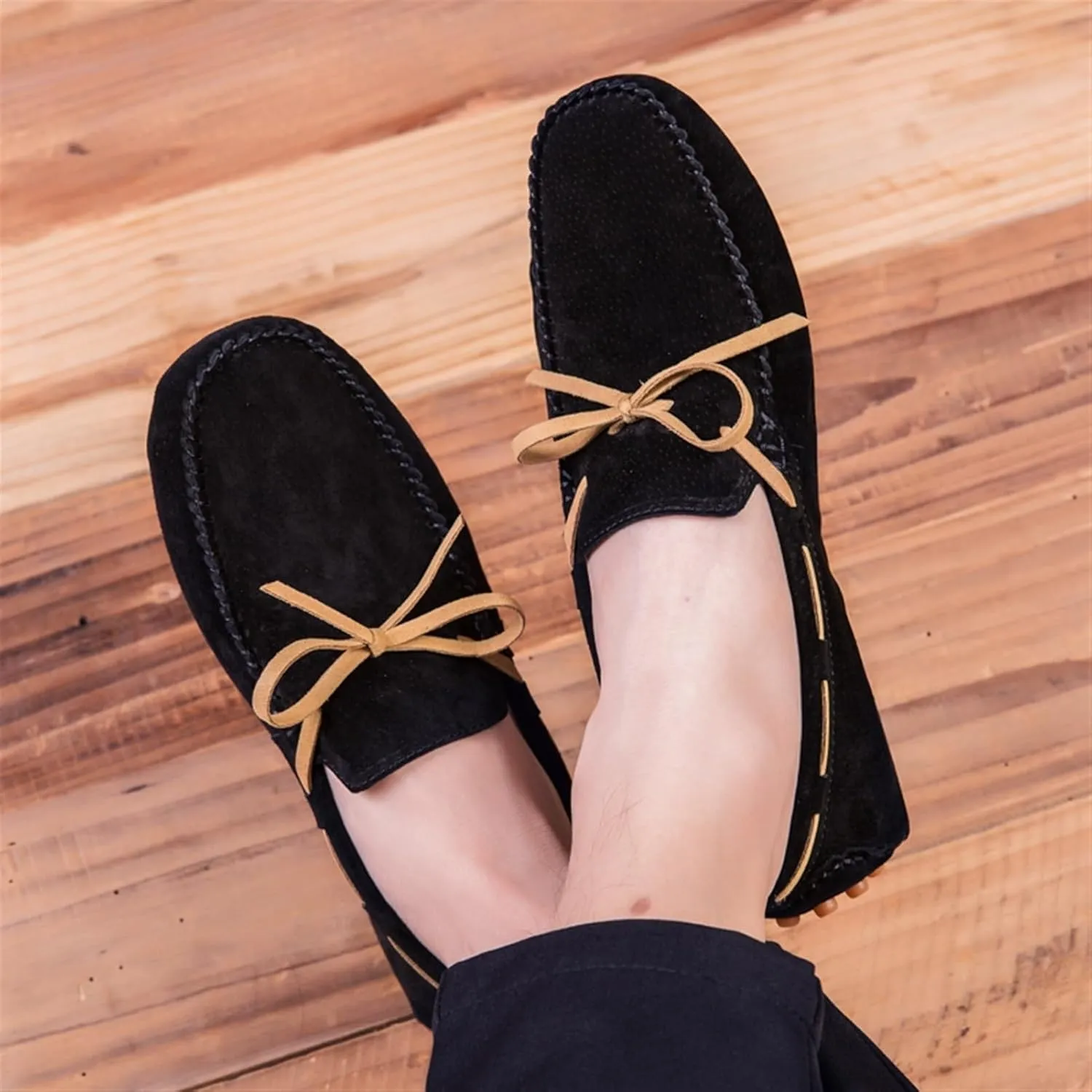 Men's Suede Loafers ?C Round Toe PU Leather Moccasins, Flexible Flat Heel, Anti-Slip Boat Shoes, Comfortable Slip-Ons for Party & Casual Wear