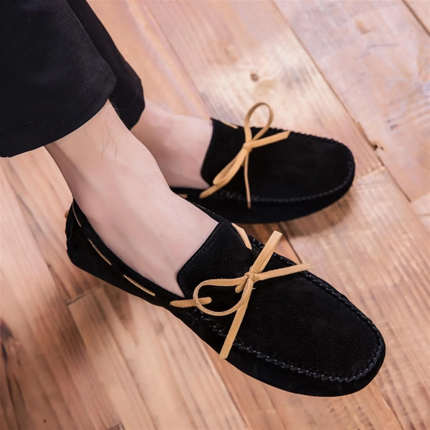 Men's Suede Loafers ?C Round Toe PU Leather Moccasins, Flexible Flat Heel, Anti-Slip Boat Shoes, Comfortable Slip-Ons for Party & Casual Wear