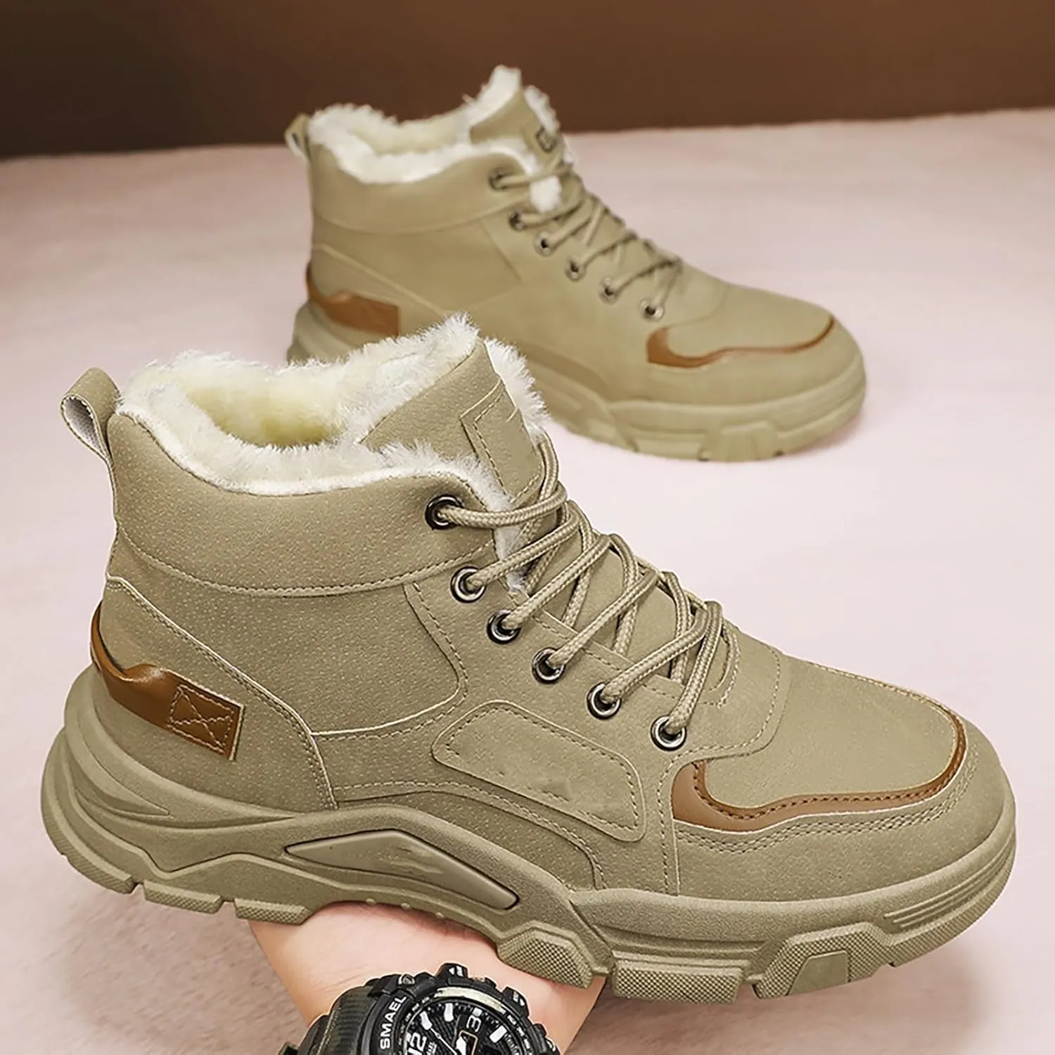 Men's Work Boots Wide Width Hiking Sneakers Warm Fur Lined Women's Workout Shoes Slip Resistant Wide Outdoor Shoes Slip on Loafers Hike Grounded Footwear