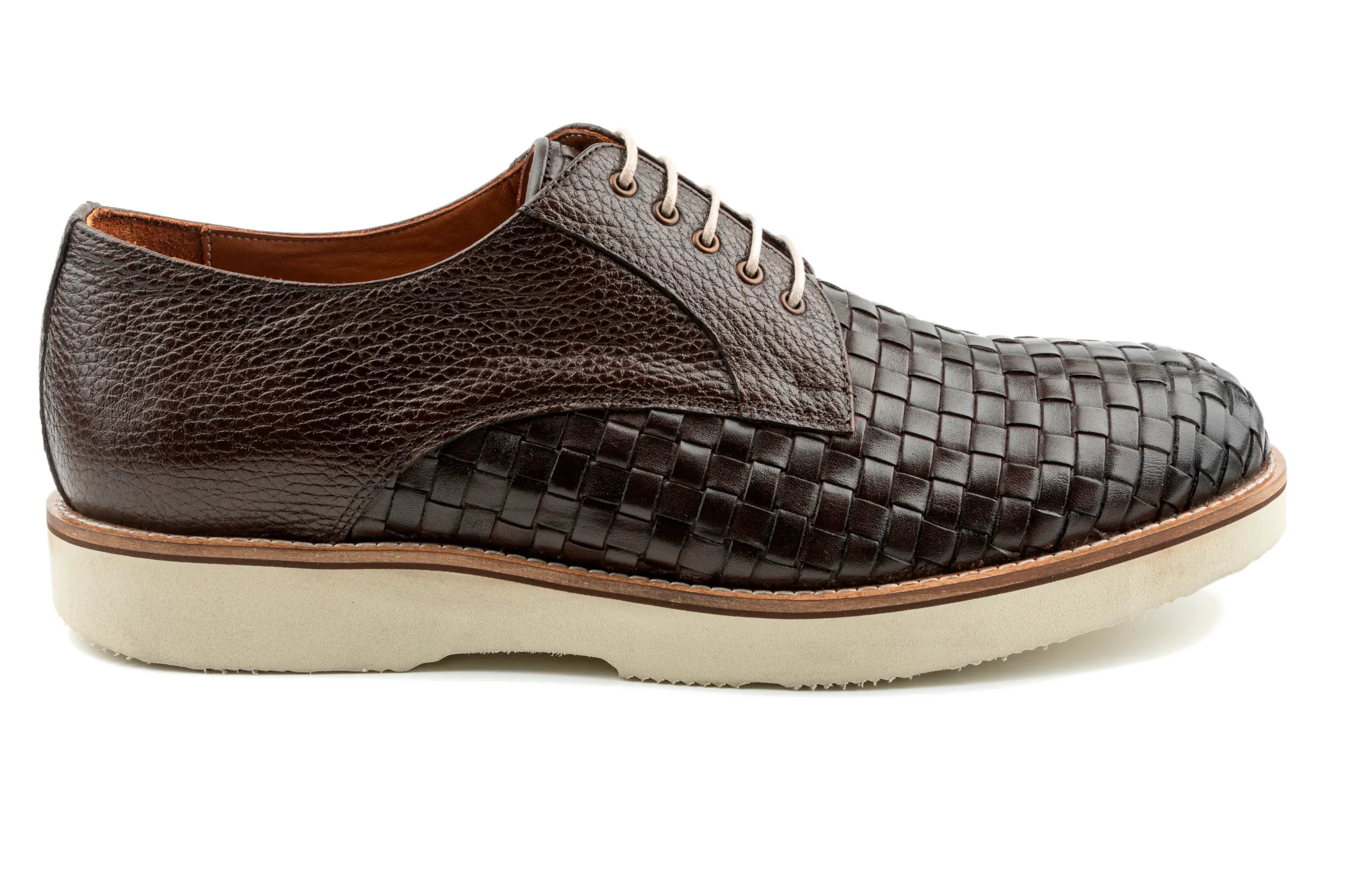 Moe Men's Woven Derby Sneaker, Mix of Top Grain Anilin & Braided Leather, Best Dress Sneakers with EVA Sole and Heels,Brown