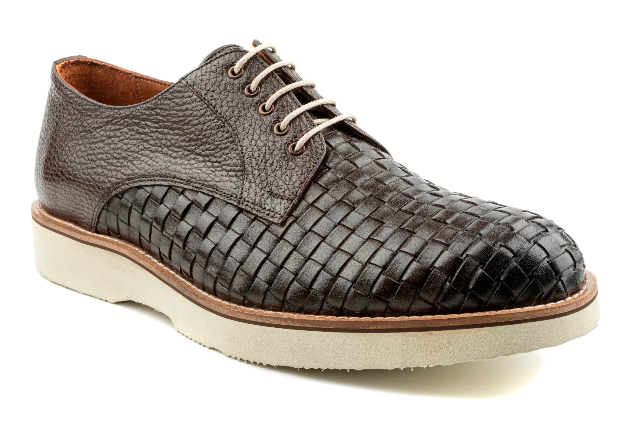 Moe Men's Woven Derby Sneaker, Mix of Top Grain Anilin & Braided Leather, Best Dress Sneakers with EVA Sole and Heels,Brown