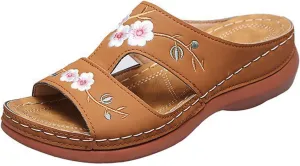 Mule with Arch Support Womens Casual Wedge Sandals Shoes Wide Width Open Toe Slip On Sandals for Women Summer Dressy Orthotic Platform Slipper Embroidered Flower Hollow Fish Mouth Sandal