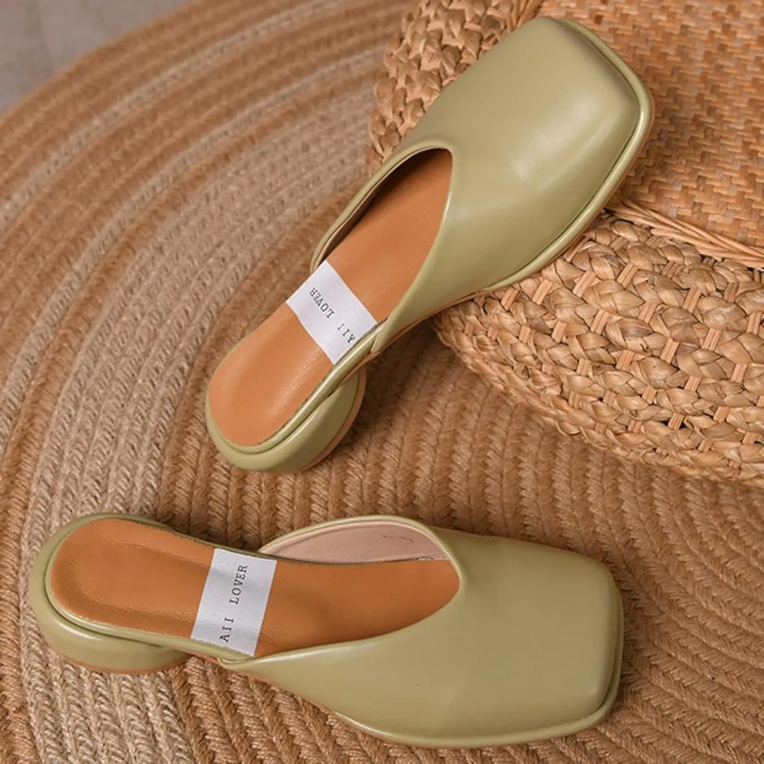 Mules Sandal for Girl Fashion Square Toe Women's Slippers Thick Heel Open Back Loafers Office Slippers
