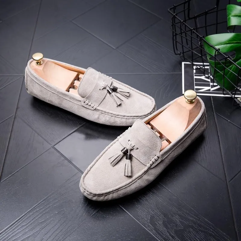 New Mens Loafers Round Toe Solid Color with Tassel Suede Vamp Driving Loafers Flat Heel Comfortable Slip Resistant Party Slip-ons