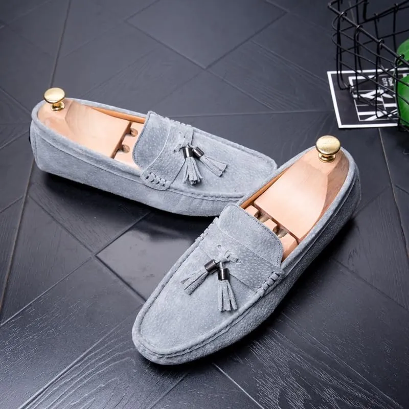 New Mens Loafers Round Toe Solid Color with Tassel Suede Vamp Driving Loafers Flat Heel Comfortable Slip Resistant Party Slip-ons