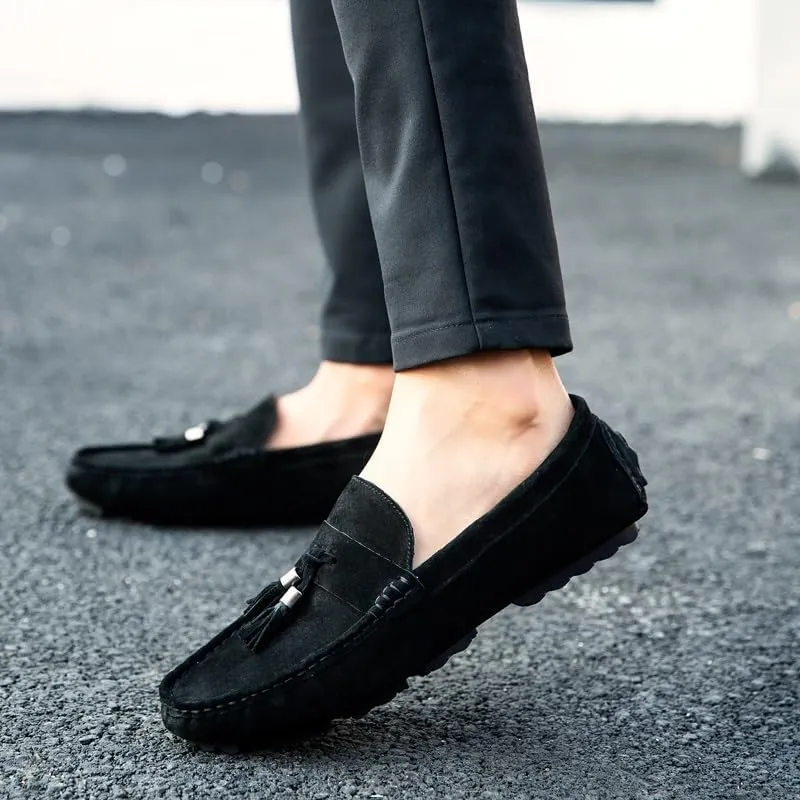 New Mens Loafers Round Toe Solid Color with Tassel Suede Vamp Driving Loafers Flat Heel Comfortable Slip Resistant Party Slip-ons