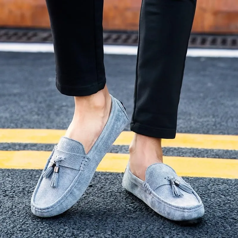 New Mens Loafers Round Toe Solid Color with Tassel Suede Vamp Driving Loafers Flat Heel Comfortable Slip Resistant Party Slip-ons