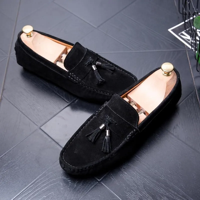New Mens Loafers Round Toe Solid Color with Tassel Suede Vamp Driving Loafers Flat Heel Comfortable Slip Resistant Party Slip-ons