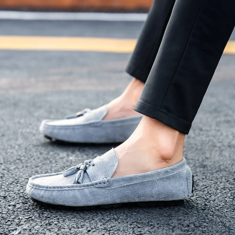 New Mens Loafers Round Toe Solid Color with Tassel Suede Vamp Driving Loafers Flat Heel Comfortable Slip Resistant Party Slip-ons