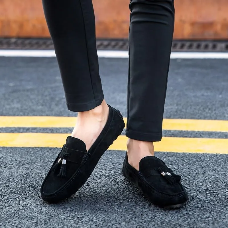 New Mens Loafers Round Toe Solid Color with Tassel Suede Vamp Driving Loafers Flat Heel Comfortable Slip Resistant Party Slip-ons