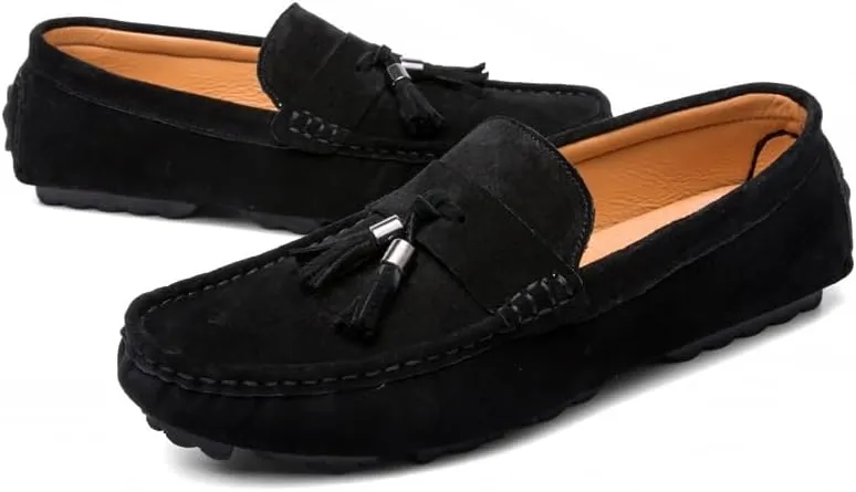 New Mens Loafers Round Toe Solid Color with Tassel Suede Vamp Driving Loafers Flat Heel Comfortable Slip Resistant Party Slip-ons