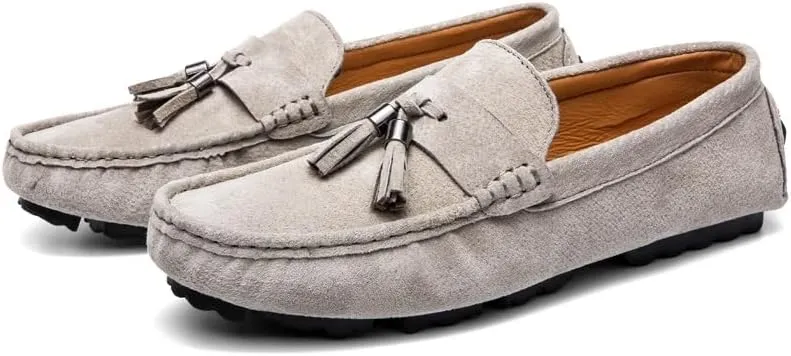 New Mens Loafers Round Toe Solid Color with Tassel Suede Vamp Driving Loafers Flat Heel Comfortable Slip Resistant Party Slip-ons