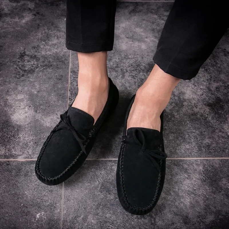 New Mens Loafers Round Toe Suede Vamp Boatshoes Moccasins Shoes Flat Heel Slip Resistant Anti-Slip Walking Slip-ons