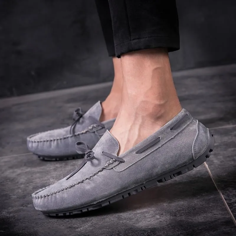 New Mens Loafers Round Toe Suede Vamp Boatshoes Moccasins Shoes Flat Heel Slip Resistant Anti-Slip Walking Slip-ons