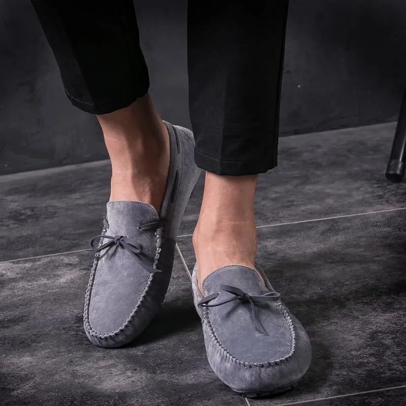 New Mens Loafers Round Toe Suede Vamp Boatshoes Moccasins Shoes Flat Heel Slip Resistant Anti-Slip Walking Slip-ons