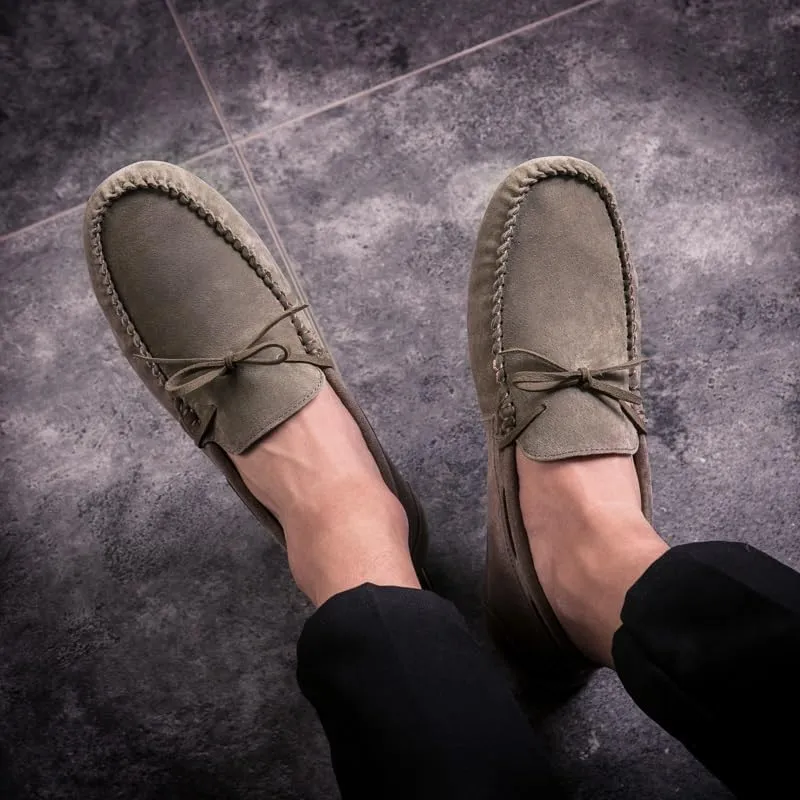 New Mens Loafers Round Toe Suede Vamp Boatshoes Moccasins Shoes Flat Heel Slip Resistant Anti-Slip Walking Slip-ons