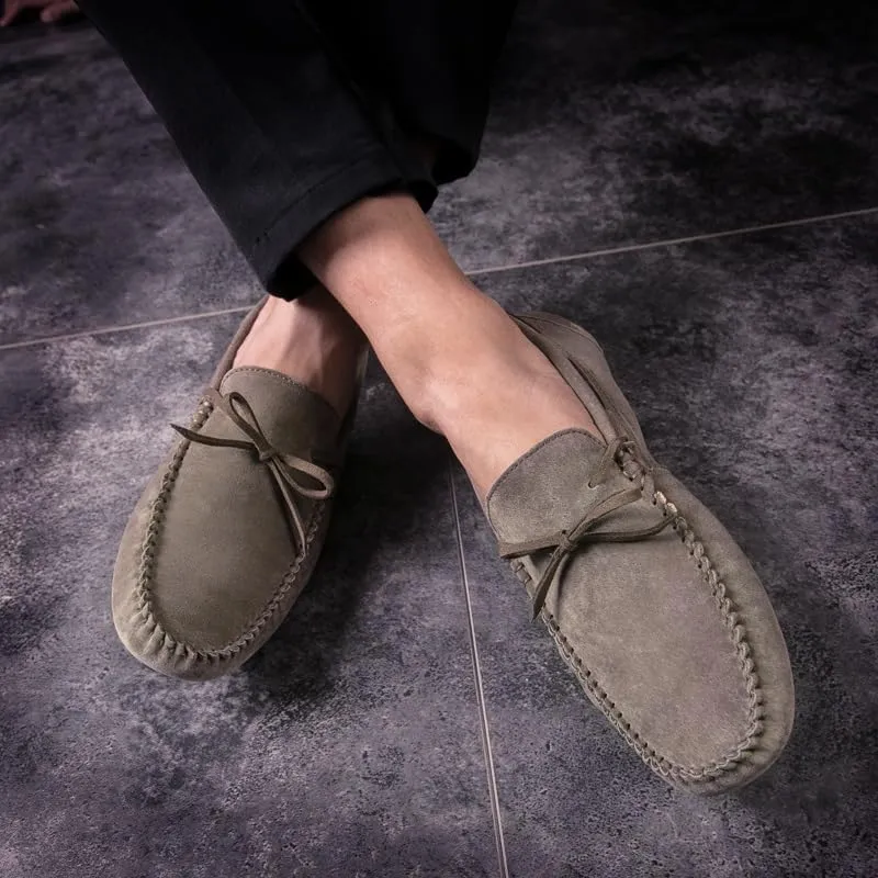 New Mens Loafers Round Toe Suede Vamp Boatshoes Moccasins Shoes Flat Heel Slip Resistant Anti-Slip Walking Slip-ons