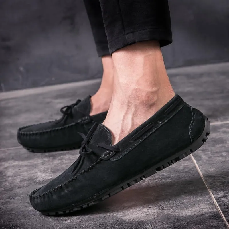 New Mens Loafers Round Toe Suede Vamp Boatshoes Moccasins Shoes Flat Heel Slip Resistant Anti-Slip Walking Slip-ons
