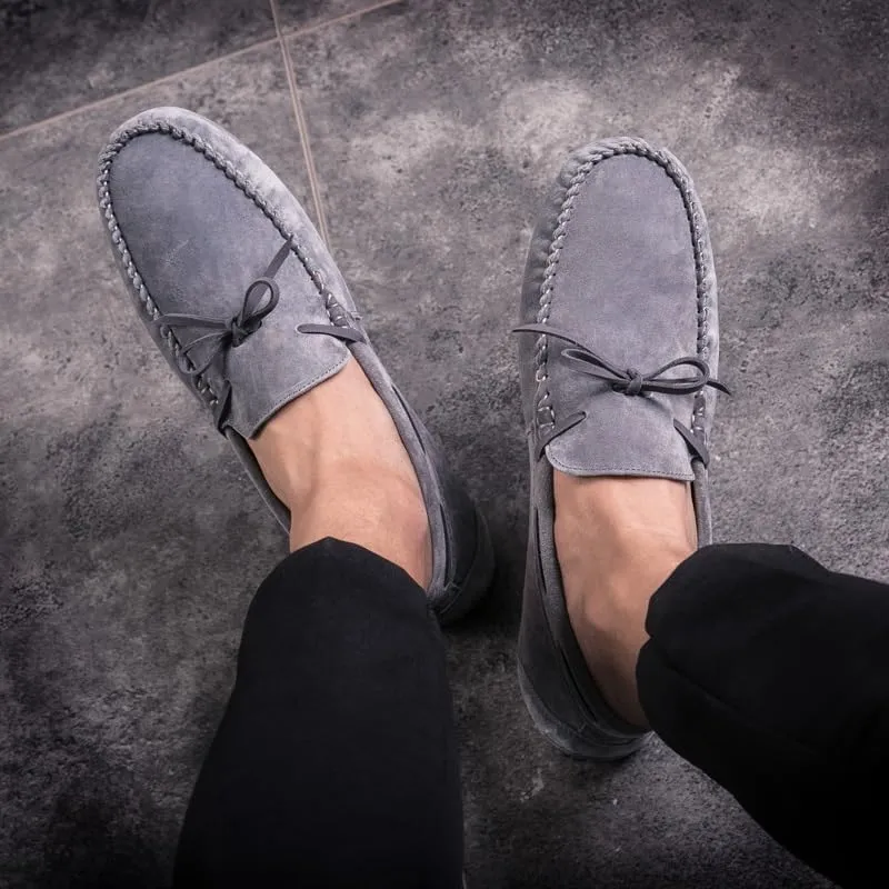 New Mens Loafers Round Toe Suede Vamp Boatshoes Moccasins Shoes Flat Heel Slip Resistant Anti-Slip Walking Slip-ons