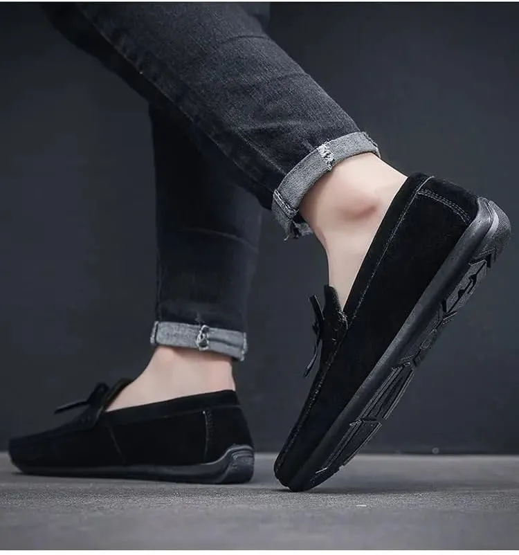 New Mens Loafers Round Toe Suede Vamp Driving Style Loafer Flat Heel Lightweight Flexible Wedding Outdoor Slip-ons