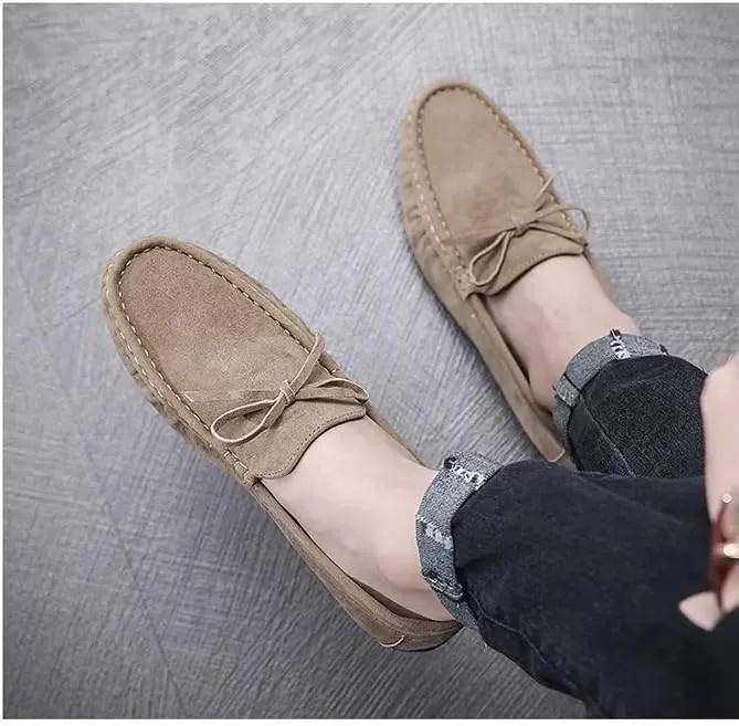 New Mens Loafers Round Toe Suede Vamp Driving Style Loafer Flat Heel Lightweight Flexible Wedding Outdoor Slip-ons