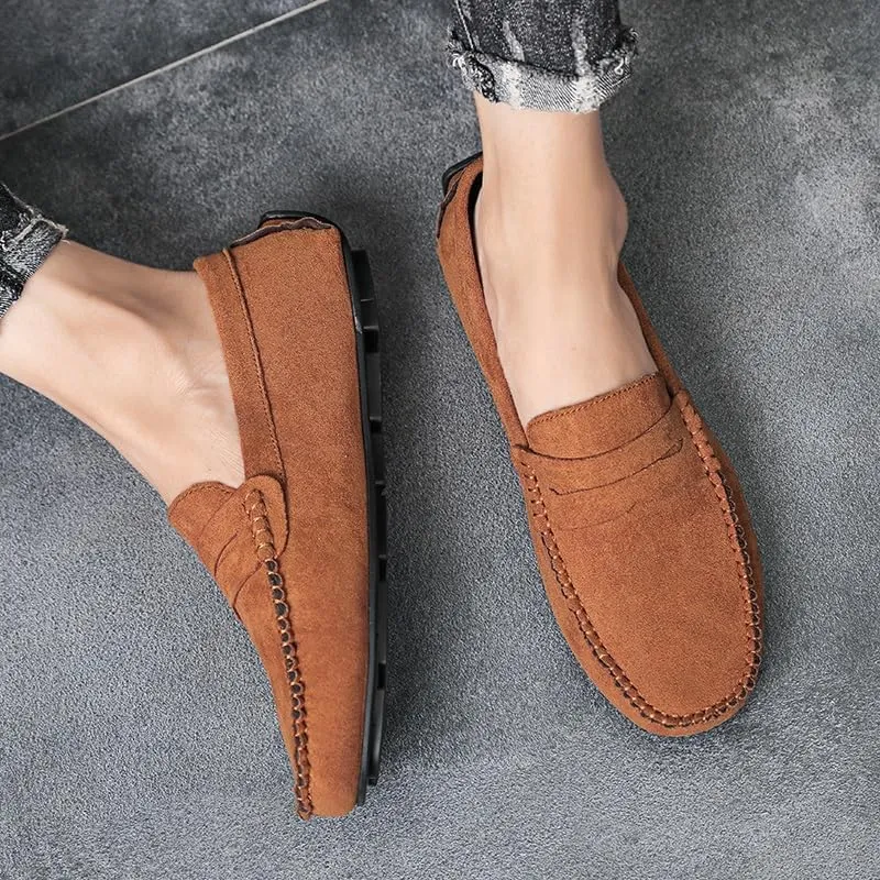 New Mens Loafers Round Toe Suede Vamp Penny Driving Loafers Flat Heel Anti-Slip Flexible Outdoor Slip-ons
