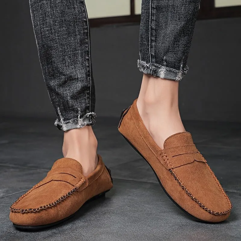 New Mens Loafers Round Toe Suede Vamp Penny Driving Loafers Flat Heel Anti-Slip Flexible Outdoor Slip-ons