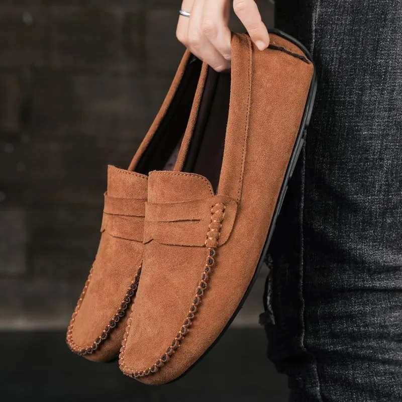 New Mens Loafers Round Toe Suede Vamp Penny Driving Loafers Flat Heel Anti-Slip Flexible Outdoor Slip-ons
