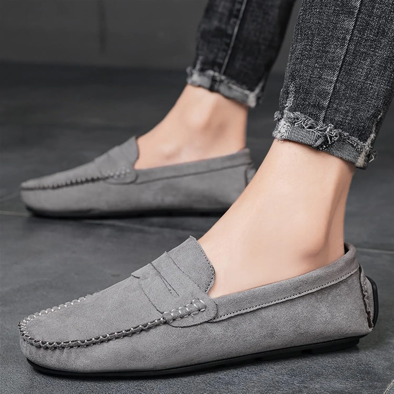 New Mens Loafers Shoe Genuine Leather Round Toe Suede Vamp Penny Loafer Slip Resistant Lightweight Anti-slip Prom Slip-ons