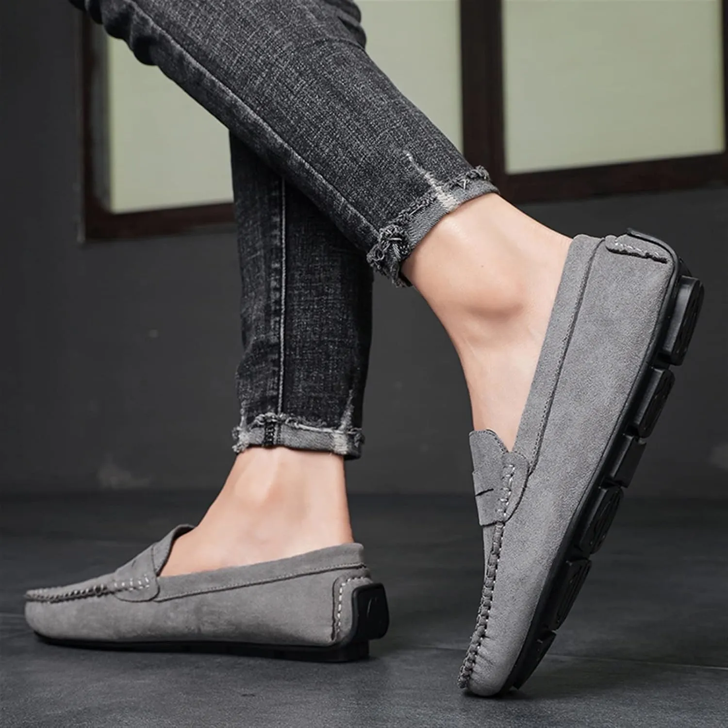 New Mens Loafers Shoe Genuine Leather Round Toe Suede Vamp Penny Loafer Slip Resistant Lightweight Anti-slip Prom Slip-ons