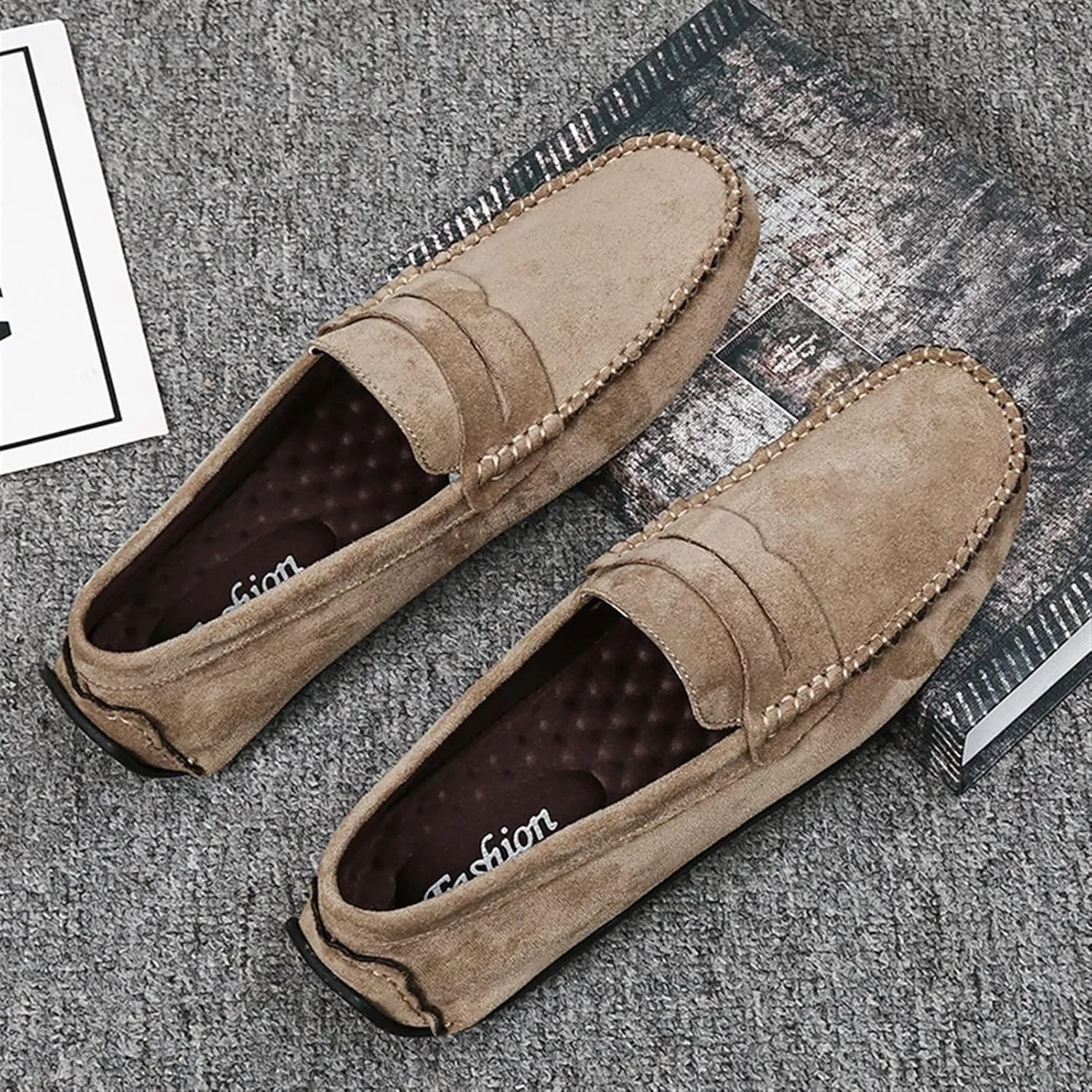 New Mens Loafers Shoe Genuine Leather Round Toe Suede Vamp Penny Loafer Slip Resistant Lightweight Anti-slip Prom Slip-ons
