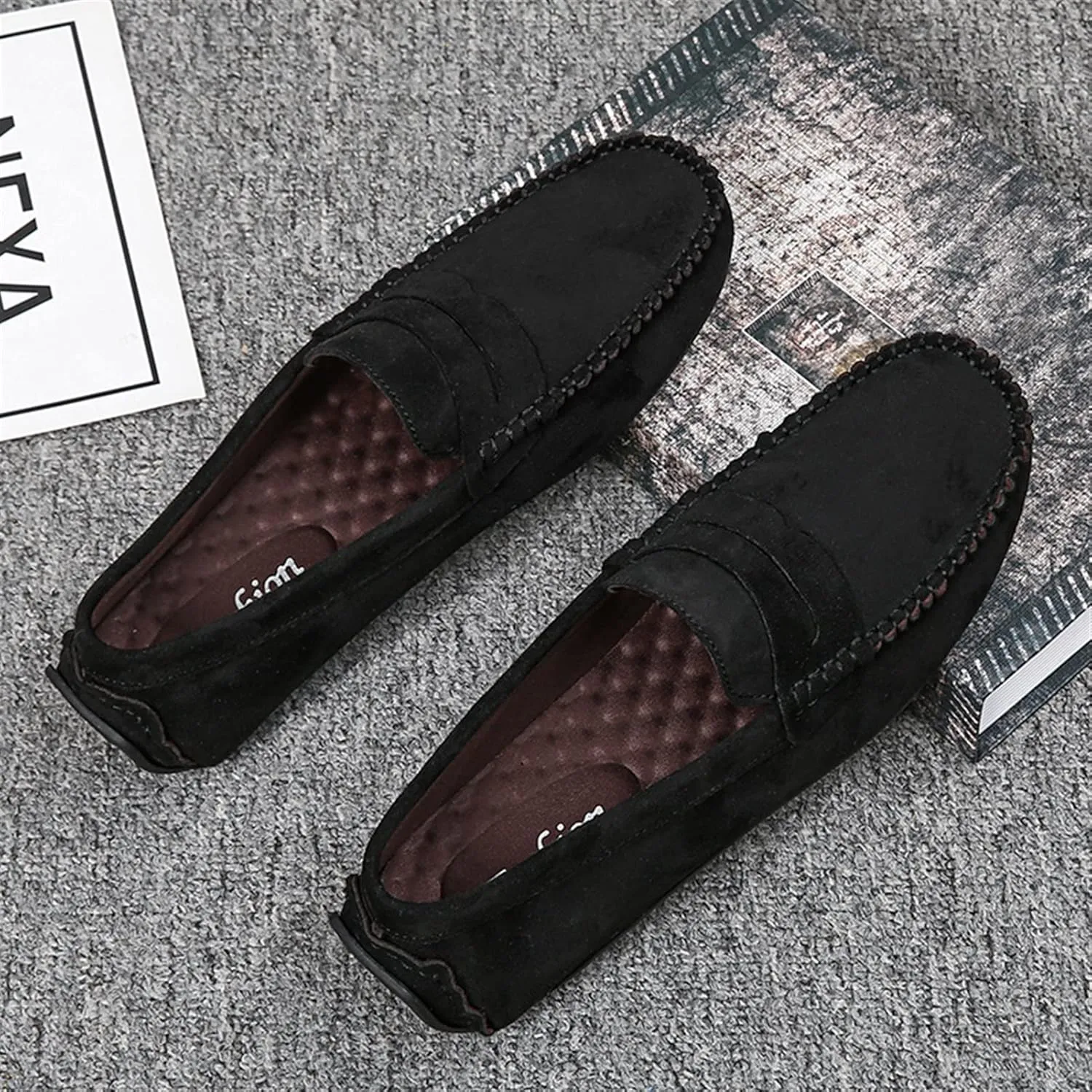 New Mens Loafers Shoe Genuine Leather Round Toe Suede Vamp Penny Loafer Slip Resistant Lightweight Anti-slip Prom Slip-ons