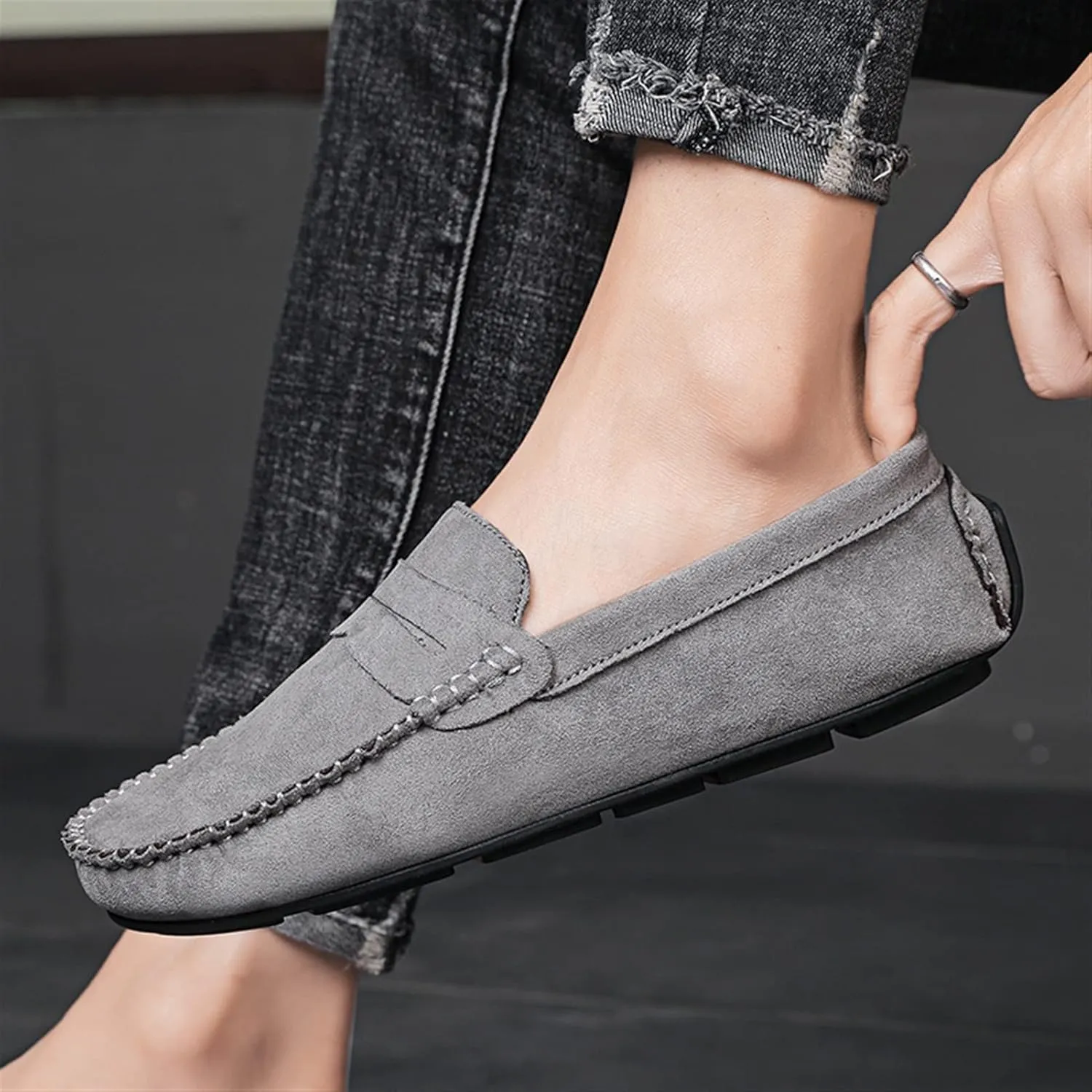 New Mens Loafers Shoe Genuine Leather Round Toe Suede Vamp Penny Loafer Slip Resistant Lightweight Anti-slip Prom Slip-ons