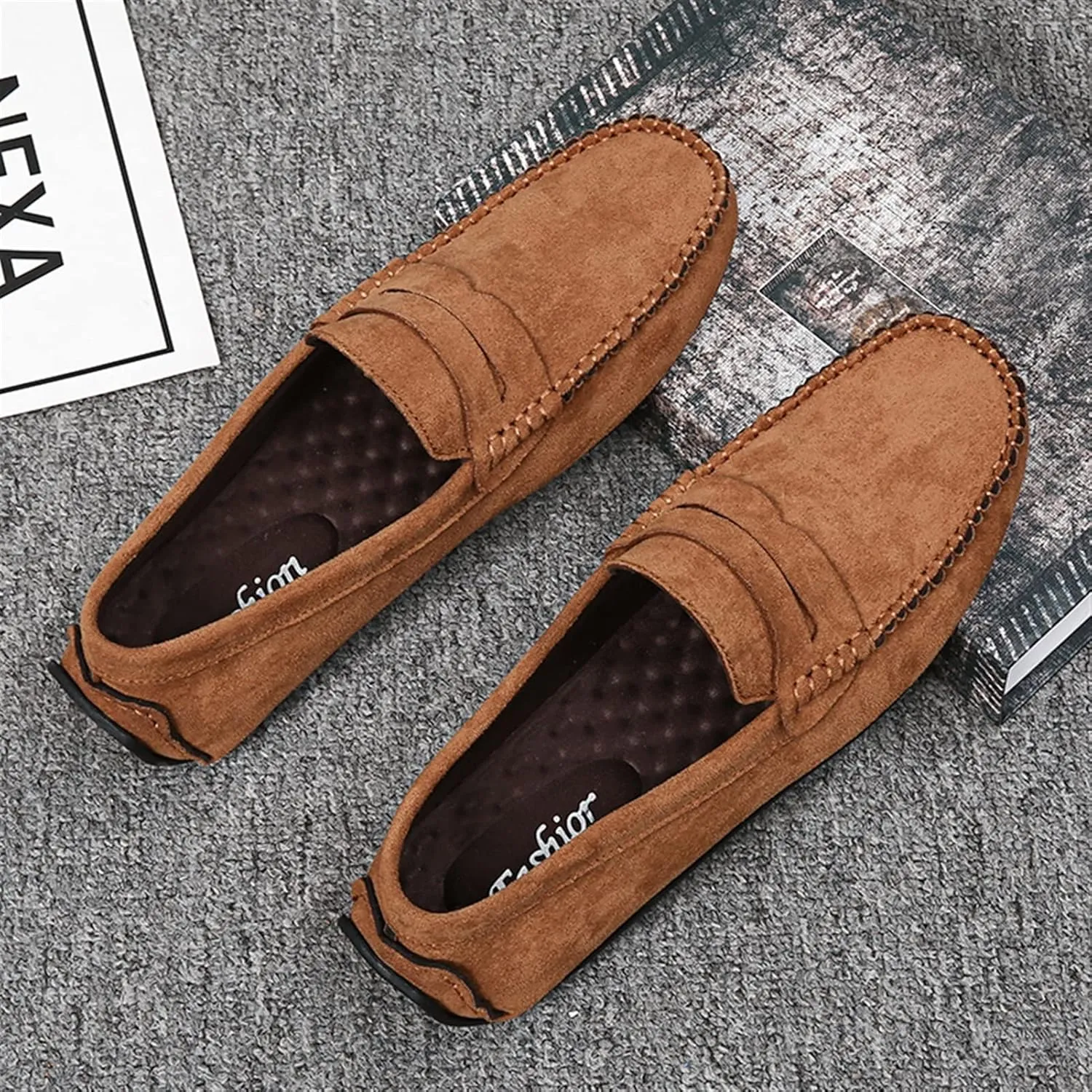 New Mens Loafers Shoe Genuine Leather Round Toe Suede Vamp Penny Loafer Slip Resistant Lightweight Anti-slip Prom Slip-ons
