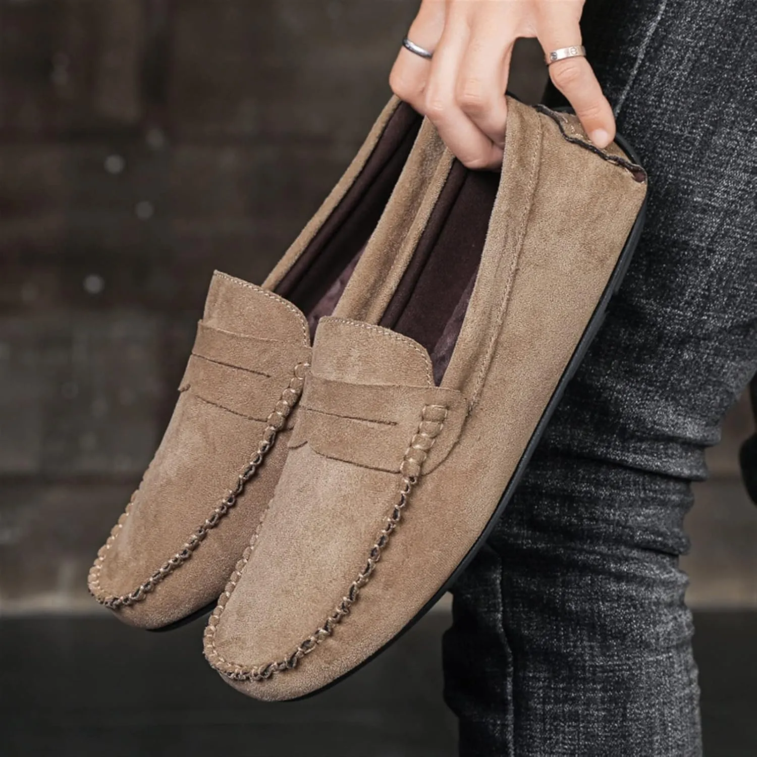 New Mens Loafers Shoe Genuine Leather Round Toe Suede Vamp Penny Loafer Slip Resistant Lightweight Anti-slip Prom Slip-ons
