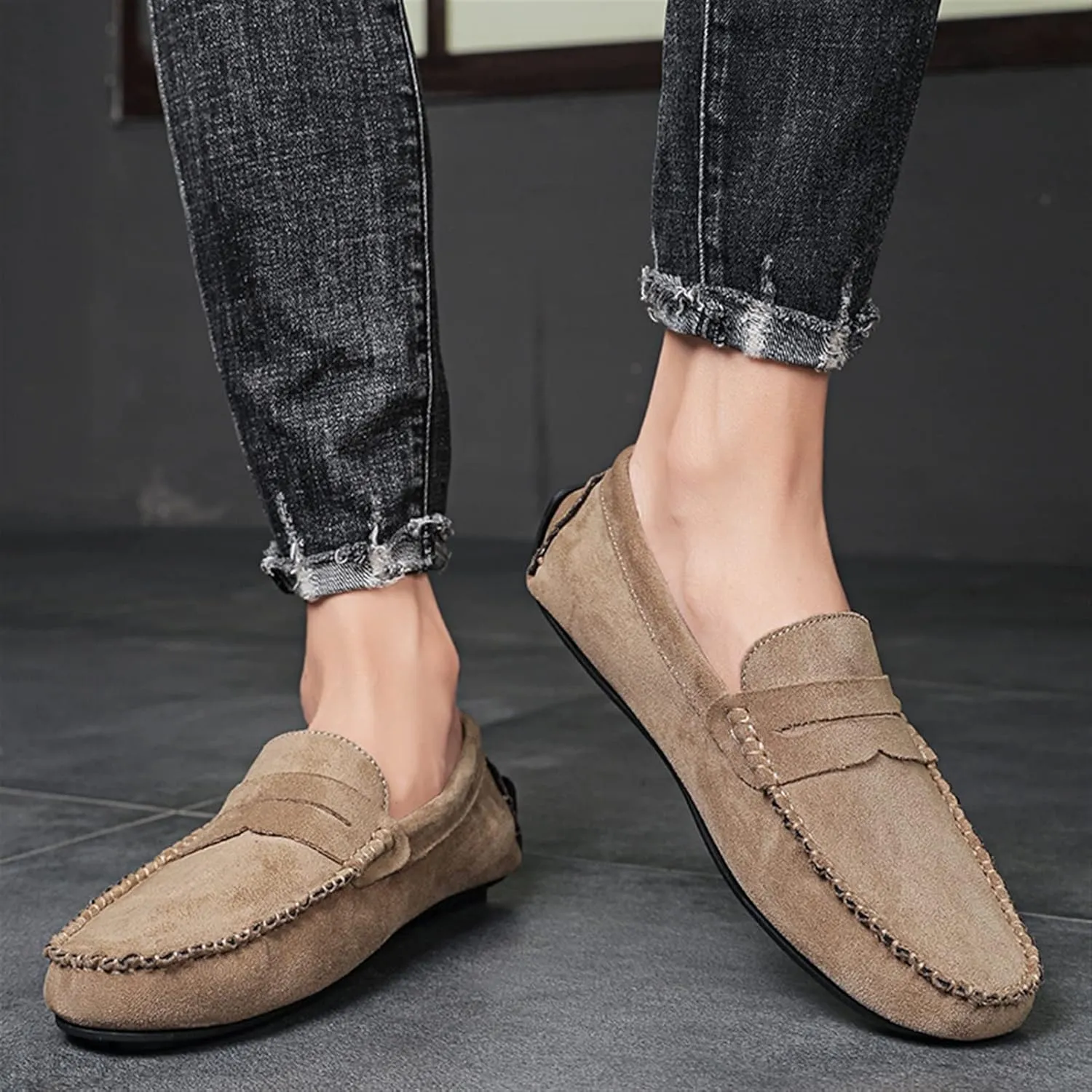 New Mens Loafers Shoe Genuine Leather Round Toe Suede Vamp Penny Loafer Slip Resistant Lightweight Anti-slip Prom Slip-ons