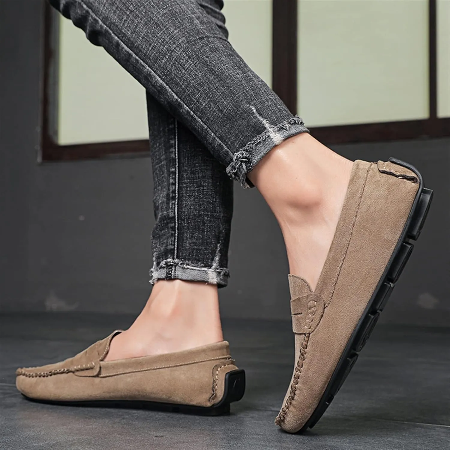 New Mens Loafers Shoe Genuine Leather Round Toe Suede Vamp Penny Loafer Slip Resistant Lightweight Anti-slip Prom Slip-ons